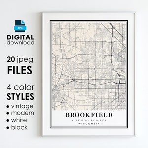 BROOKFIELD WI carte - art numérique imprimable - carte affiche de Brookfield Wisconsin City - téléchargement numérique instantané