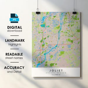 Joliet IL City Map Print Poster mit Straßenname Sofortiger digitaler Download, Joliet Illu für druckbare Karte