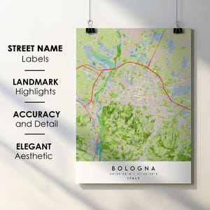 Bologna Italy City Map Print Poster Art with Street Name - Map of Europe - Instant Digital Download Printable Map