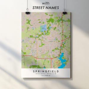 Póster impreso del mapa de la ciudad de Springfield, Illinois, con nombres de calles (descarga digital)