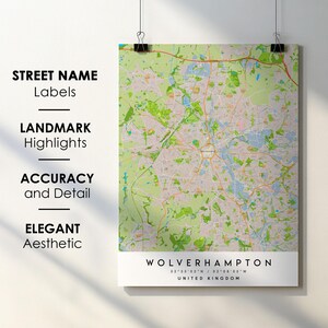 Wolverhampton Vereinigtes Königreich Stadt Karte Print Poster Kunst mit Straßenname - Karte von Europa - Sofortiger digitaler Download druckbare Karte