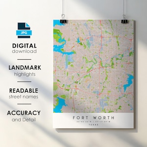 Fort Worth Texas City Map Kunstdruck mit Straßennamen (Digitaler Download)
