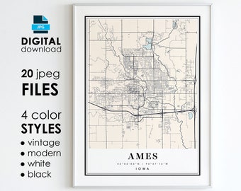 Ames Iowa Map Art Print: Modern, Vintage, Black, White (Digital Download)