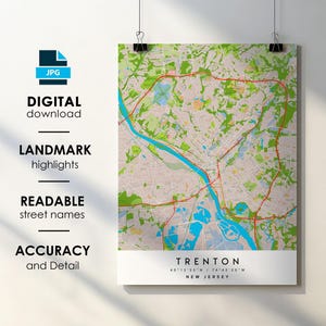 Trenton NJ City Map Print Poster with Street Name Instant Digital Download, Trenton New Jersey Printable Map