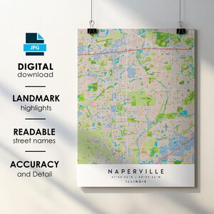 Affiche impression carte de la ville de Naperville IL avec nom de la rue téléchargement numérique instantané, carte imprimable de Naperville Illinois