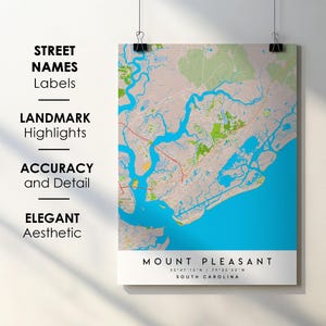 Mappa stampata di Mount Pleasant, Carolina del Sud: nomi delle strade, punti di riferimento (download digitale)