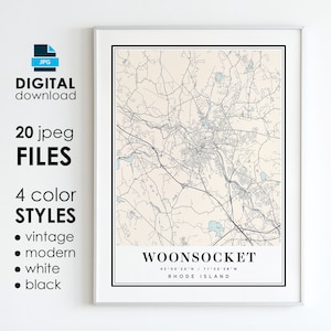 WOONSOCKET RI carte - art numérique imprimable - carte de la ville de Woonsocket Rhode Island - téléchargement numérique instantané