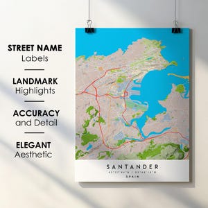 Póster impreso con mapa de la ciudad de Santander, España, con nombre de calle - Mapa de Europa - Descarga digital instantánea - Mapa imprimible