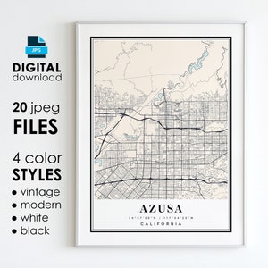 AZUSA CA Map - Printable Digital Art - Azusa California City Poster Map - Digital Instant Download