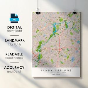 Affiche imprimée de carte de la ville de Sandy Springs GA avec le nom de la rue en téléchargement numérique instantané, carte imprimable de Sandy Springs en Géorgie