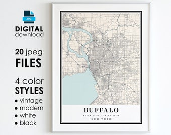 Buffalo NY Map Art Print: Vintage, Modern, Black, White (Digital Download)