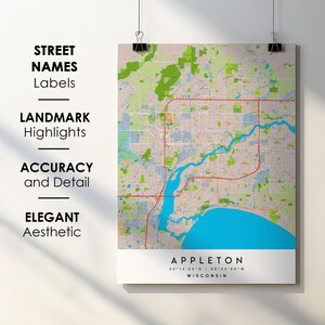 Appleton WI City Map Print Poster with Street Name Instant Digital Download, Appleton Wisconsin Printable Map
