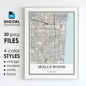 Może przedstawiać: Drukowana mapa Hollywood na Florydzie, w białej ramie. Mapa jest w stylu vintage z czarnymi liniami i tekstem. Tekst u dołu mapy brzmi "HOLLYWOOD, 26°01'17"N / 80°10'30"W, FLORIDA".