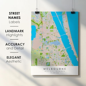Melbourne FL City Map Print Poster with Street Name Instant Digital Download, Melbourne Florida Printable Map