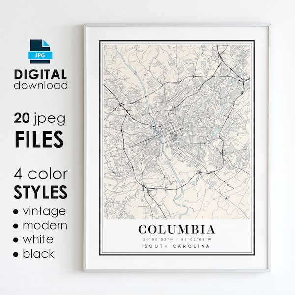 COLUMBIA SC Map - Printable Digital Art - Columbia South Carolina City Poster Map - Digital Instant Download