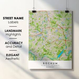 Bochum Duitsland stadskaart afdrukken poster kunst met straatnaam - kaart van Europa - afdrukbare kaart instant digitale download downloaden