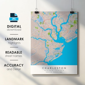 Charleston SC Stadt Karte Drucken Poster mit Straßenname Sofortiger digitaler Download, Charleston South Carolina druckbare Karte