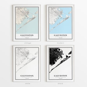 Pode incluir: Quatro impress&otilde;es emolduradas de um mapa de Galveston, Texas. As impress&otilde;es est&atilde;o em quatro estilos diferentes: vintage, moderno, branco e preto.