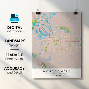 Montgomery AL City Map Print Poster mit Straßenname Sofortiger digitaler Download, Montgomery Alabama druckbare Karte