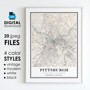 Carte PITTSBURGH PA - Art numérique imprimable - carte affiche de la ville de Pittsburgh en Pennsylvanie - téléchargement numérique