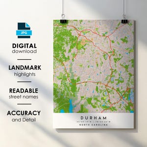 Durham NC City Map Print Poster with Street Name Instant Digital Download, Durham North Carolina Printable Map
