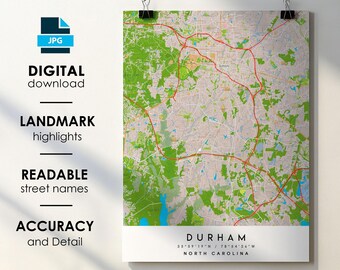 Durham NC City Map Print Poster with Street Names (Digital Download)
