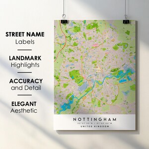 Póster impreso con mapa de la ciudad de Nottingham, Reino Unido, con nombre de calle - Mapa de Europa - Descarga digital instantánea - Mapa imprimible