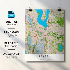Renton WA City Map Print Poster with Street Name Instant Digital Download, Renton Washington Printable Map
