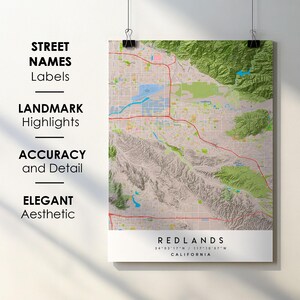Redlands CA City Map Print Poster with Street Name Instant Digital Download, Redlands California Printable Map