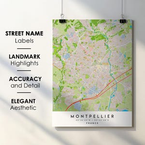 Montpellier Frankrijk stadsplattegrond print poster kunst met straatnaam - kaart van Europa - instant digitale download afdrukbare kaart