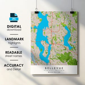 Bellevue WA City Map Print Poster with Street Name Instant Digital Download, Bellevue Washington Printable Map