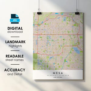 Poster impression carte de la ville de Mesa AZ avec nom de la rue téléchargement numérique instantané, carte imprimable Mesa Arizona