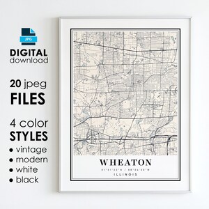 Mappa di WHEATON IL - Arte digitale stampabile - Mappa poster della città di Wheaton Illinois - Download istantaneo digitale