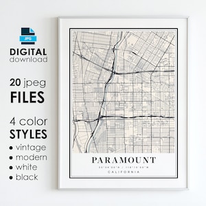 Puede incluir: Un mapa en blanco y negro de Paramount, California. El mapa muestra las calles de la ciudad y las carreteras principales. El nombre de la ciudad y las coordenadas están impresas en la parte inferior del mapa.