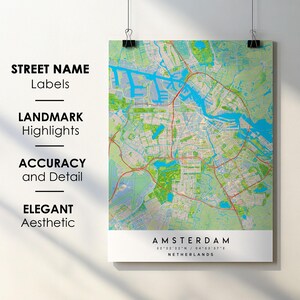 Amsterdam Niederlande Stadt Karte Print Poster Kunst mit Straßenname - Karte von Europa - Sofortiger digitaler Download druckbare Karte