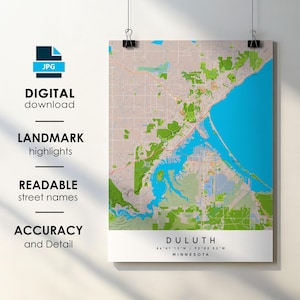 Duluth MN City Map Print Poster with Street Name Instant Digital Download, Duluth Minnesota Printable Map