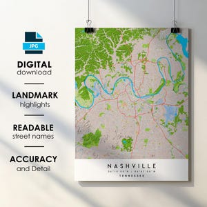 Nashville TN City Map Print Poster with Street Name Instant Digital Download, Nashville Tennessee Printable Map