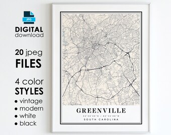 GREENVILLE SC Map - Printable Digital Art - Greenville South Carolina City Poster Map - Digital Instant Download