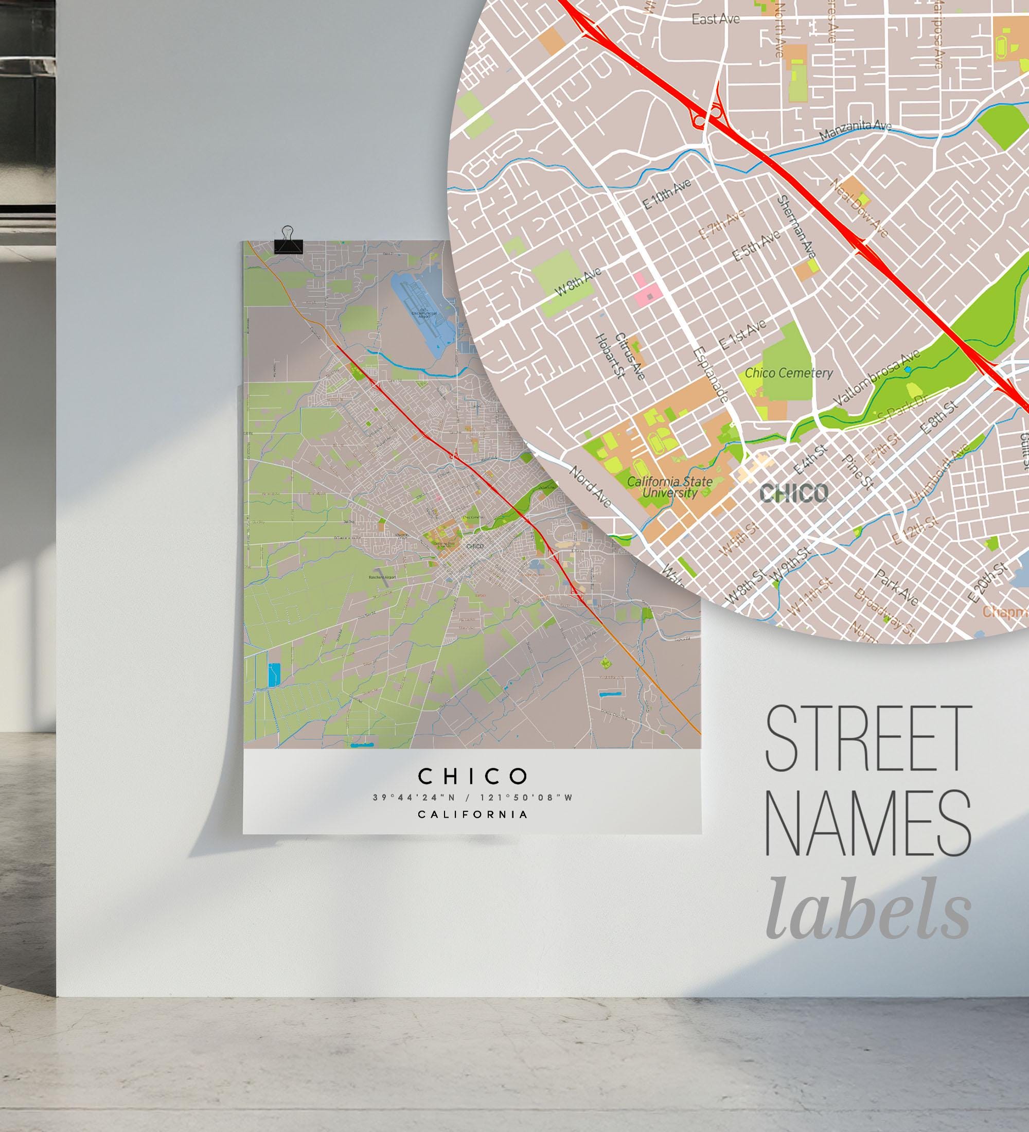 Chico California City Map Print Poster With Street Names (digital ...