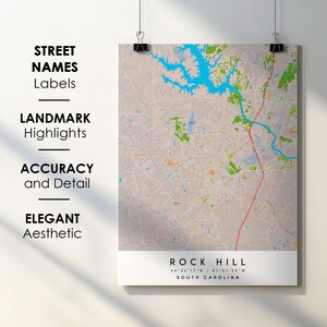 Poster impression carte de la ville de Rock Hill SC avec nom de la rue téléchargement numérique instantané, carte imprimable de Rock Hill en Caroline du Sud