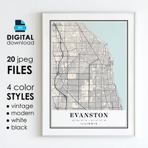 EVANSTON IL Karte – druckbare digitale Kunst – Evanston Illinois City Poster Karte – digitaler Sofort-Download