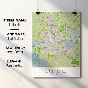 May include: A detailed map of Rennes, France, with street names, landmark highlights, and elegant aesthetics. The map features a green and beige color scheme, with the city's coordinates and country name at the bottom. The text on the left side of the map reads: STREET NAME Labels, LANDMARK Highlights, ACCURACY and Detail, ELEGANT Aesthetic.
