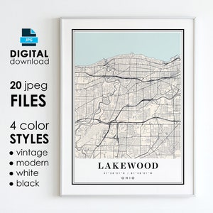 LAKEWOOD OH Map - Printable Digital Art - Lakewood Ohio City Poster Map - Digital Instant Download