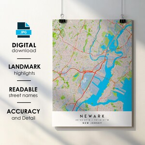 Mapa da cidade de Newark, NJ, pôster impresso com nome da rua, download digital instantâneo, mapa para impressão de Newark, Nova Jersey