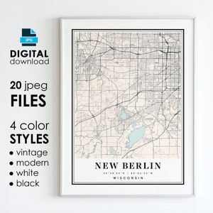 Op de afbeelding: Een afdrukbare kaart van New Berlin, Wisconsin, in een wit frame. De kaart is in vintage stijl met een beige achtergrond en zwarte lijnen. De naam van de stad staat in het zwart onderaan de kaart gedrukt.