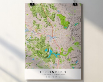 Affiche imprimée du plan de la ville d'Escondido, en Californie, avec les noms des rues (téléchargement numérique)