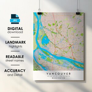 Vancouver WA-stadskaart print poster met straatnaam instant digitale download, afdrukbare kaart Vancouver-Washington