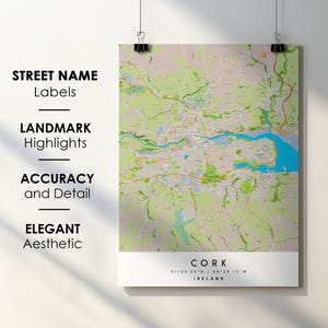 Cork, Ierland stadsplattegrond print posterkunst met straatnaam - kaart van Europa - instant digitale download afdrukbare kaart