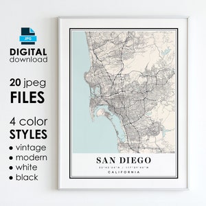 SAN DIEGO CA Map - Printable Digital Art - San Diego California City Poster Map - Digital Instant Download