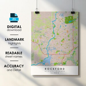 Rockford IL City Map Print Poster mit Straßenname Sofortiger digitaler Download, Rockford ILillion druckbare Karte